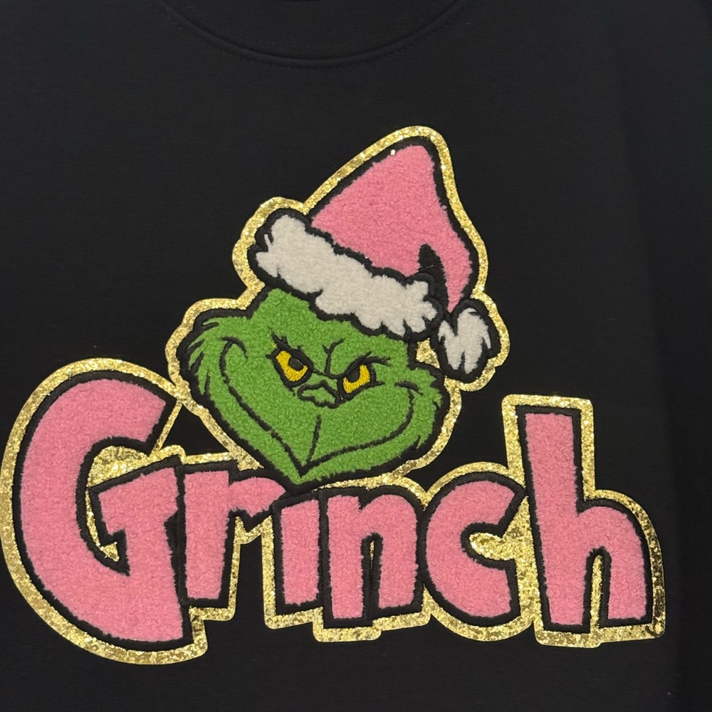 NWT COZY CUSTOM GRINCH HOLIDAY SWEATSHIRT IN PINK & GREEN ON BLACK